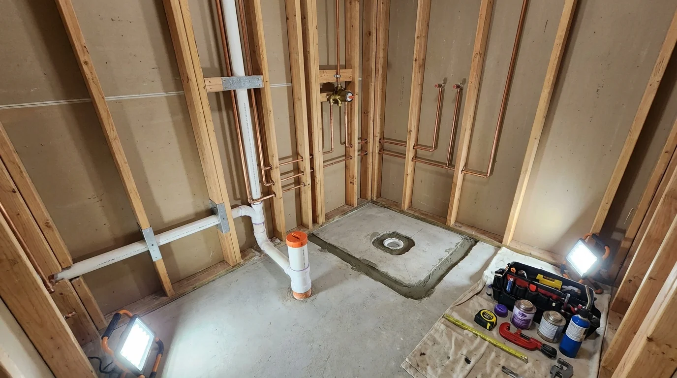Bathroom rough-in plumbing during remodel by Johns Plumbing LLC in Neillsville