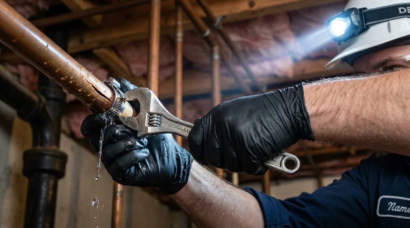 Emergency pipe clamp repair being performed by a Johns Plumbing LLC plumber in Neillsville