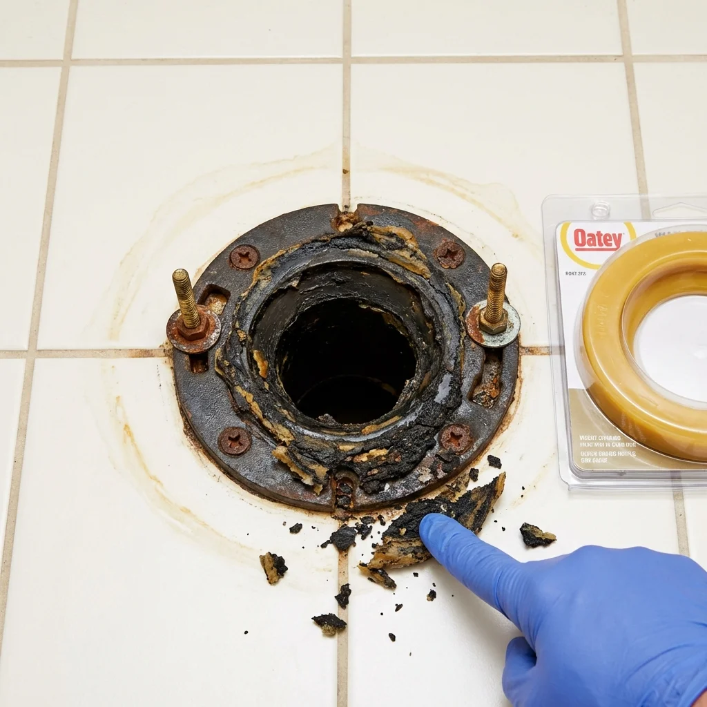 Failed wax ring showing water seepage at the base of a toilet in a Neillsville, WI home