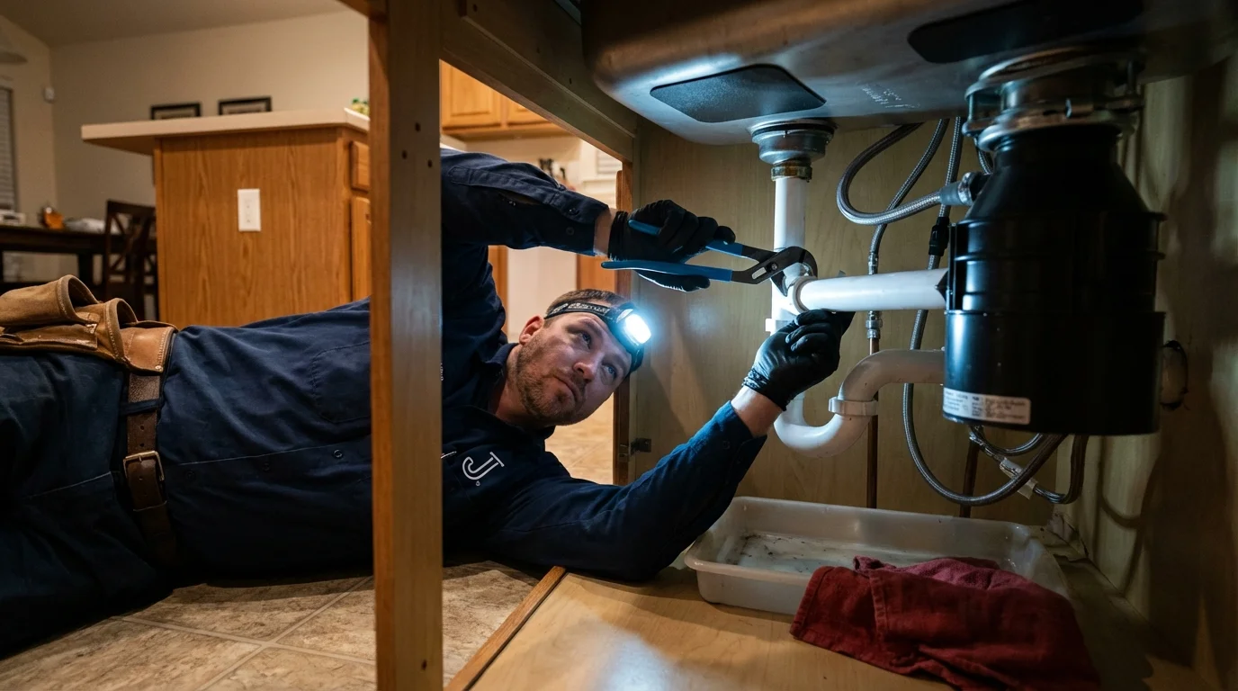 P-trap and supply line connections under a kitchen sink showing a common leak point in Neillsville, WI